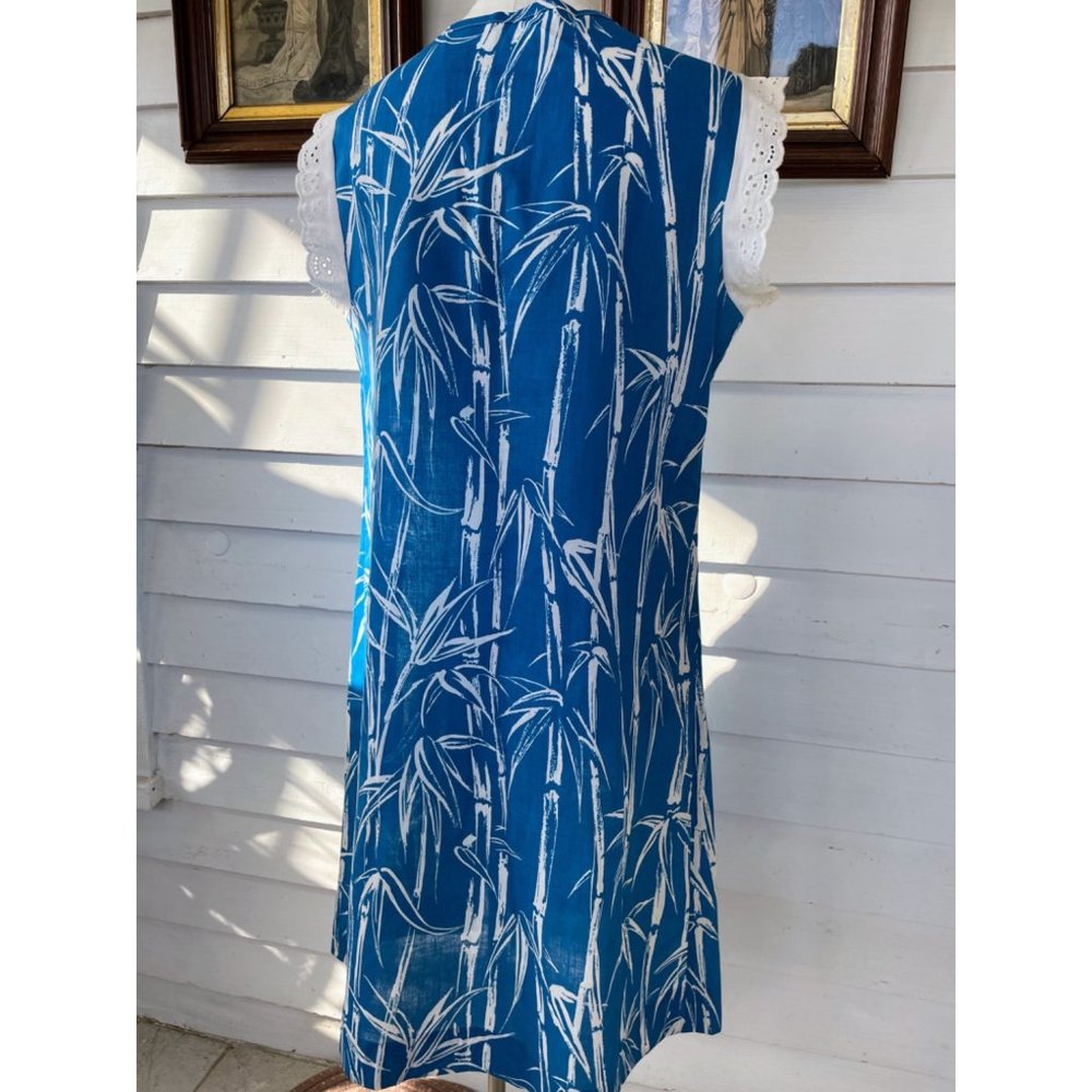 Vintage 1970s Bamboo Print Blue House Dress Eyelet Lace XL - Picture 13 of 14